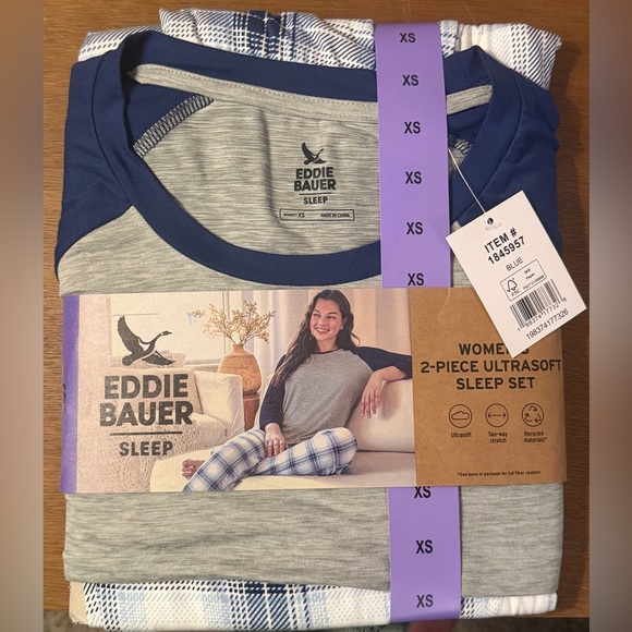 NWT Eddie Bauer Women's 2-Piece Ultrasoft Sleep Set in blue/tan, size XS - Picture 2 of 4